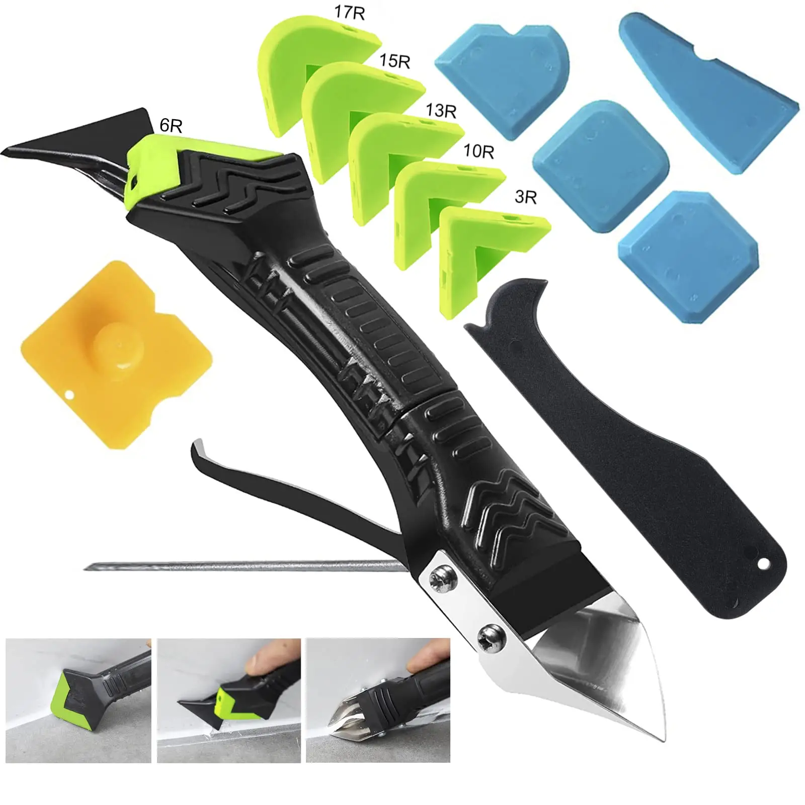 Caulking Tool 5 in 1 Silicone Caulking Grout Removal Sealant Finishing Tool with 6 Exchange Silicone Pads & Adhesive Residue Scraper for Kitchen Bathr