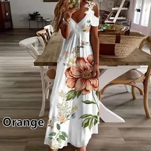 [LTO]Women'S Spring And Summer Lace Sling V-Neck  Printed Loose Dress Women'S Clothes
