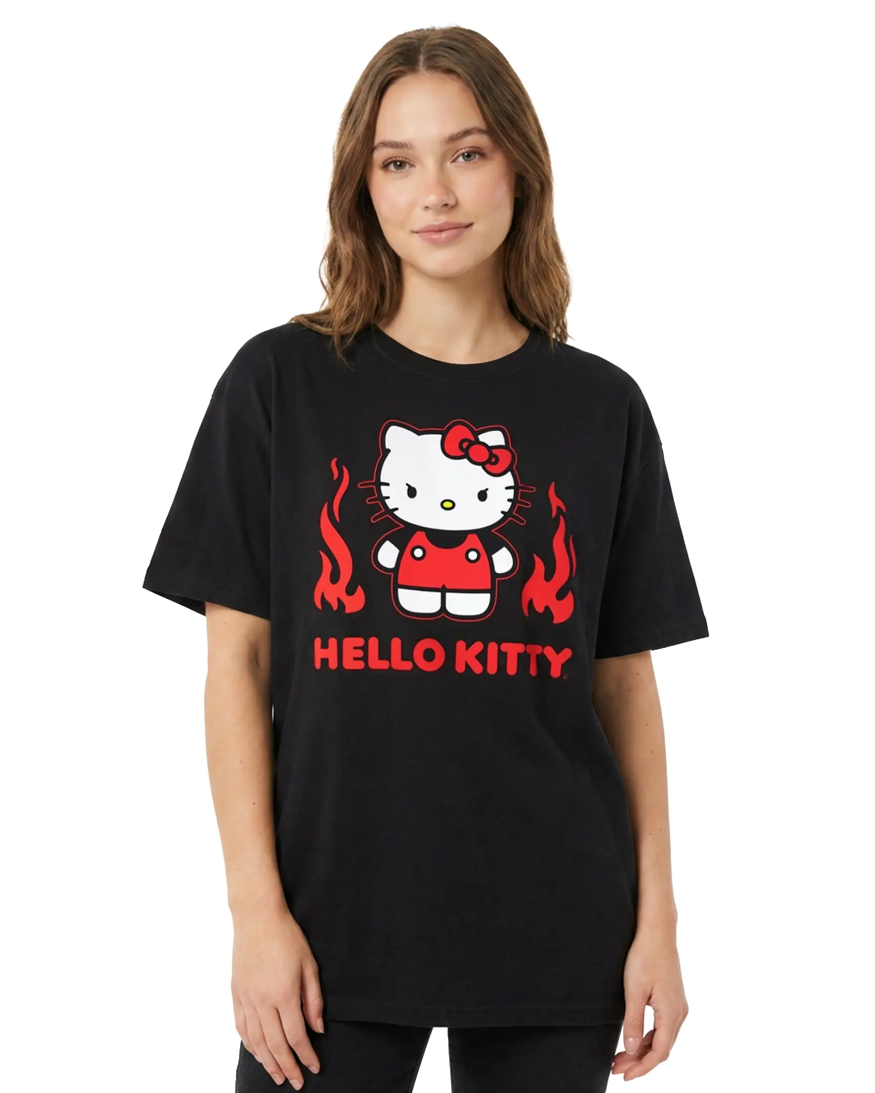 Sanrio Hello Kitty Women's Cartoon Angry Kitty with Fire Short Sleeve Crew Neck Pull-On T-Shirt