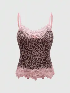 RES J-Fashion Leopard Print Cami | Sexy Lace Trim & Bow Detail Top - Trendy Net Fabric Stretchy Camisole