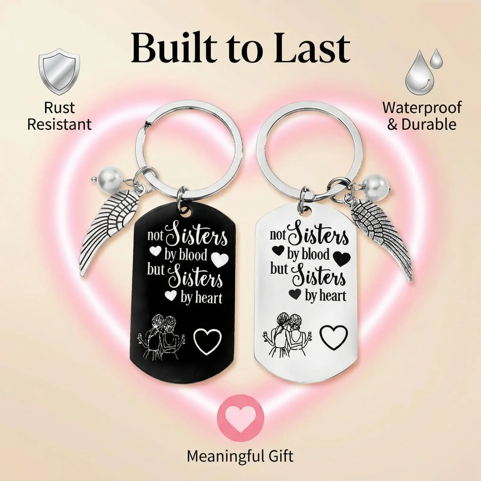 Not Sisters by Blood but Sisters by Heart BFF Keychain Set, Angel Wing Pearl Charm Black Silver Engraved Dog Tag, Soul Sister Bestie Bridesmaid Gift for Women, Ready Gift Box