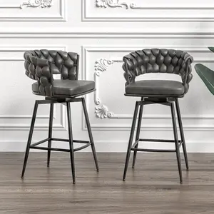 28" Technical Leather Woven Bar Stools Set of 2,Modern Design Black legs ,No Adjustable Kitchen Island Chairs,360 Swivel  Home Decor Bar Stools, Upholstered Counter Stool Arm Chairs with Footrest chairs of tiktok Swivel Bar Stools with Back