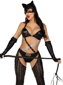 Leg Avenue Mistress Kitty Costume - Sexy Modern Cute 3-Piece Halloween Bodysuit with Chaps & Gloves for Women's Cosplay