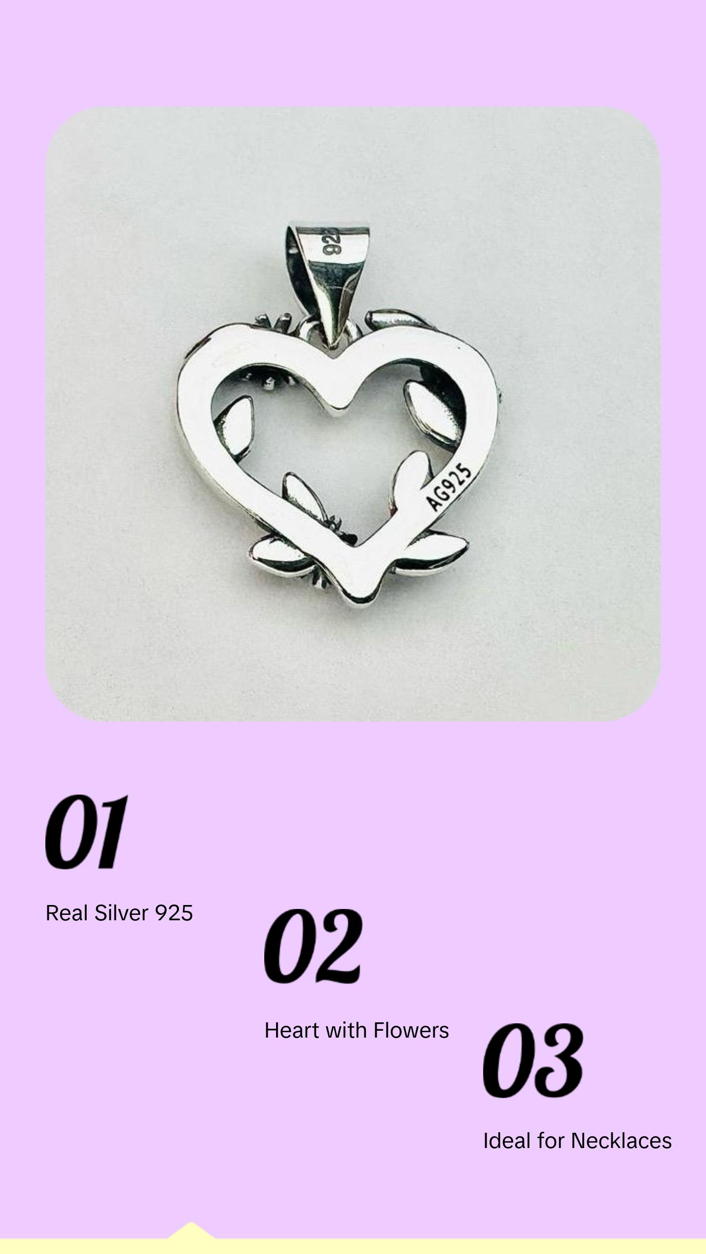 Silver Heart with Flowers Pendant, 925 Silver, Elegant Design for Everyday Jewelry and Accessories Silver Heart with Flowers Pendant, 925 Silver, Elegant Design for Everyday Jewelry and Accessories