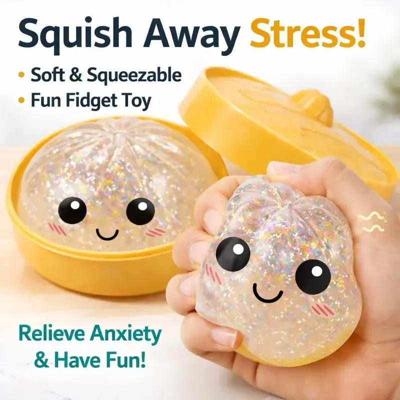 2026 New Glitter Dumpling Squishy with Steamer Box, Soft Sensory Fidget Steamed Bun Squeeze Tool for Adult Stress & Anxiety Relief,dumpling squishy mystery，giant dumpling squishy