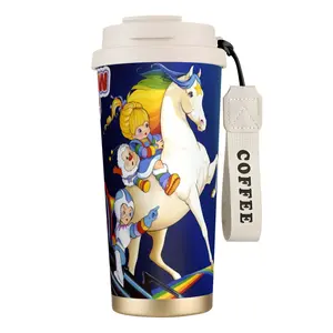 Giftable Rainbow Brite Travel Mug. Secure Lid and Grip for Road Trips, Vacations, and On-the-Go Adventures. water bottle with strap