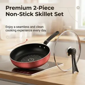 Non-Stick Frying Pan Set: Features glass lids and heat-resistant handles. Sturdy, durable, and easy to clean,designed for everyday home stir-frying and versatile kitchen cooking.