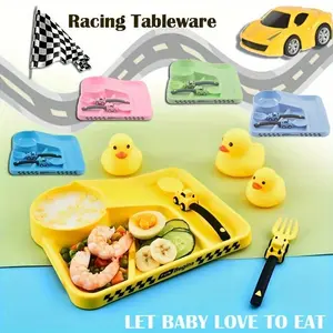 3-Piece Colorful Car Themed Toddler Kids Utensils Set, Fork Spoon Plate for Self Feeding Baby Led Weaning, Easy Hold Dinnerware Birthday Gift Multicolor Fun Eating Experience