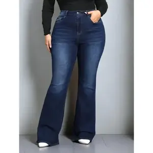 [Plus] Regular pocket button flared leg jeans, casual and comfortable flared pants, suitable for daily wear, can be paired with raincoats for women's clothing in all seasons