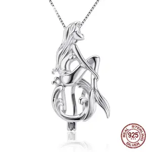 Elegant 925 Sterling Silver Singing Mermaid Pearl Cage Pendant Necklace + Pearl