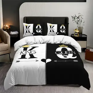 3pcs King & Queen & -Block Bedding Set, Duvet Cover + 2 Pillowcases, Polyester, Perfect for Couple Bedrooms & Wedding Room Decor