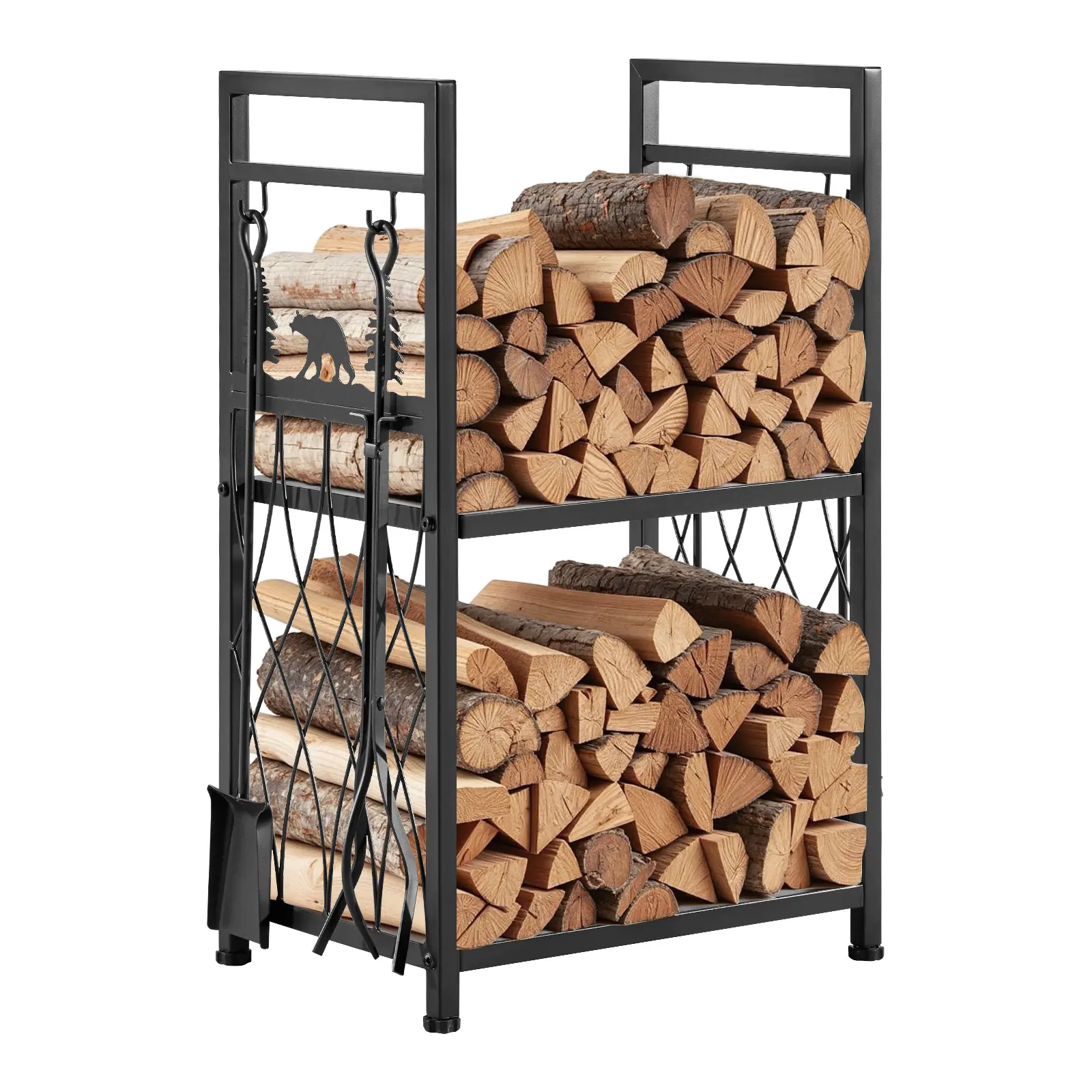 VEVOR Freestanding Iron Firewood Rack, 1.3 ft Double Layer Heavy Duty Log Holder, 400 lbs Capacity Tool-Free Stacker with Fireplace Tools (Brush, Shovel, Poker, Tongs), Outdoor Fire Pit Patio Fire Pit Storage Organizer, Father's Day Gift