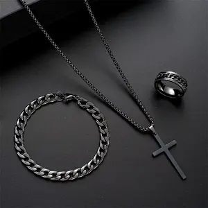 Black Titanium Steel Cross Pendant Necklace for Men or Women Minimalist Male Female Chokers Box Chain Necklace Party Jewelry Set