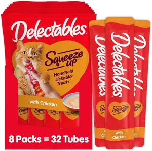Creamy Squeezable Cat Treat Puree Chicken Flavor Grain Free Lickable Wet Snacks 32 Tubes 0.5oz Each