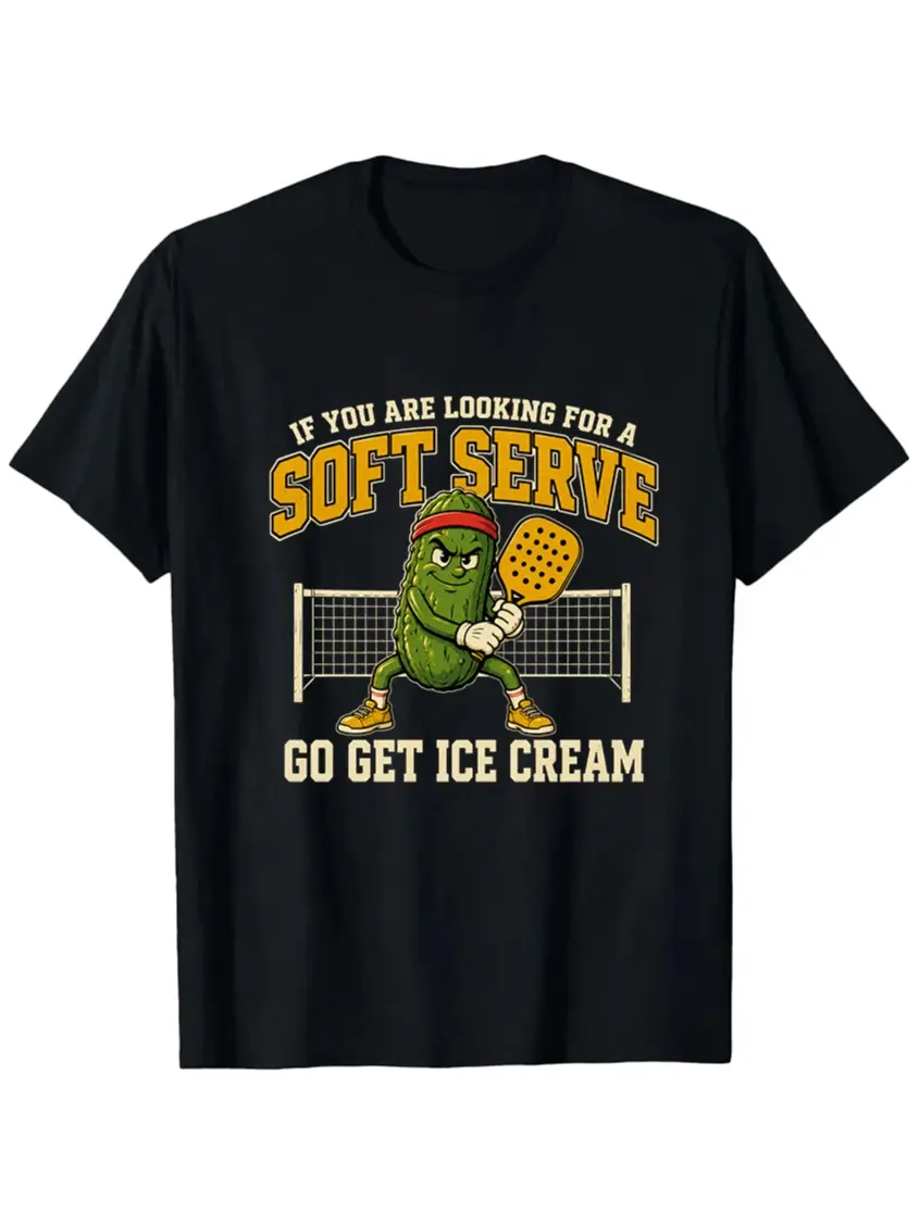 Men's Cotton Pickleball Graphic T-Shirt - Unisex Casual Short-Sleeve Top, Funny Soft Serve Joke Menswear for Competitive Pickleball Enthusiasts, Tshirt, Shortsleeve, Round Neck, Funny Print, Machine Wash, Casual Tee
