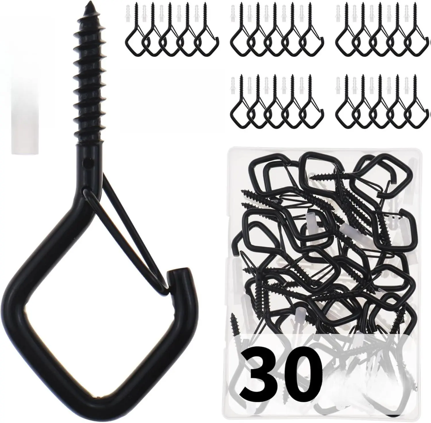 30PCS Black Screw-In Cup Hooks with Safety Buckle - 2.2x1 inch Windproof Fasteners, 30PCS Drywall Anchors, Ceiling and Wall Mount for Christmas Decorations, Patio Lights, Festivals, Concrete Hardware Hooks
