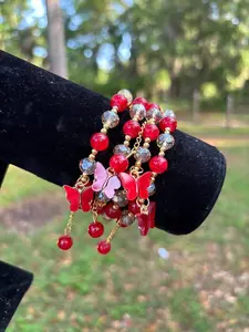 Red Butterfly Beaded Charm Bracelet 1pc with Red Beads and Gold Accents Bracelet