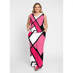 Women’s Plus Size 2-Piece Sportswear Set, New Geometric Print Sleeveless Top & Wide Leg Pants, Soft Breathable Fabric, Relaxed Comfort Fit, Casual Summer Lounge & Travel Outfit