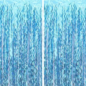 2Pcs 1x2m Mermaid Theme Wave Tinsel Fringe Curtain – Blue Metallic Wire Tassel Backdrop for Birthday Party Decorations, Photo Booth Prop for Luau, Ocean & Underwater Party