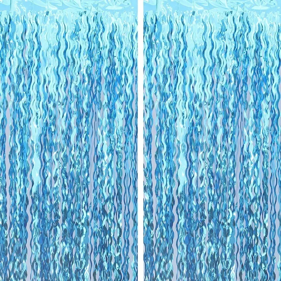 2Pcs 1x2m Mermaid Theme Wave Tinsel Fringe Curtain – Blue Metallic Wire Tassel Backdrop for Birthday Party Decorations, Photo Booth Prop for Luau, Ocean & Underwater Party, Party Decor Supplies