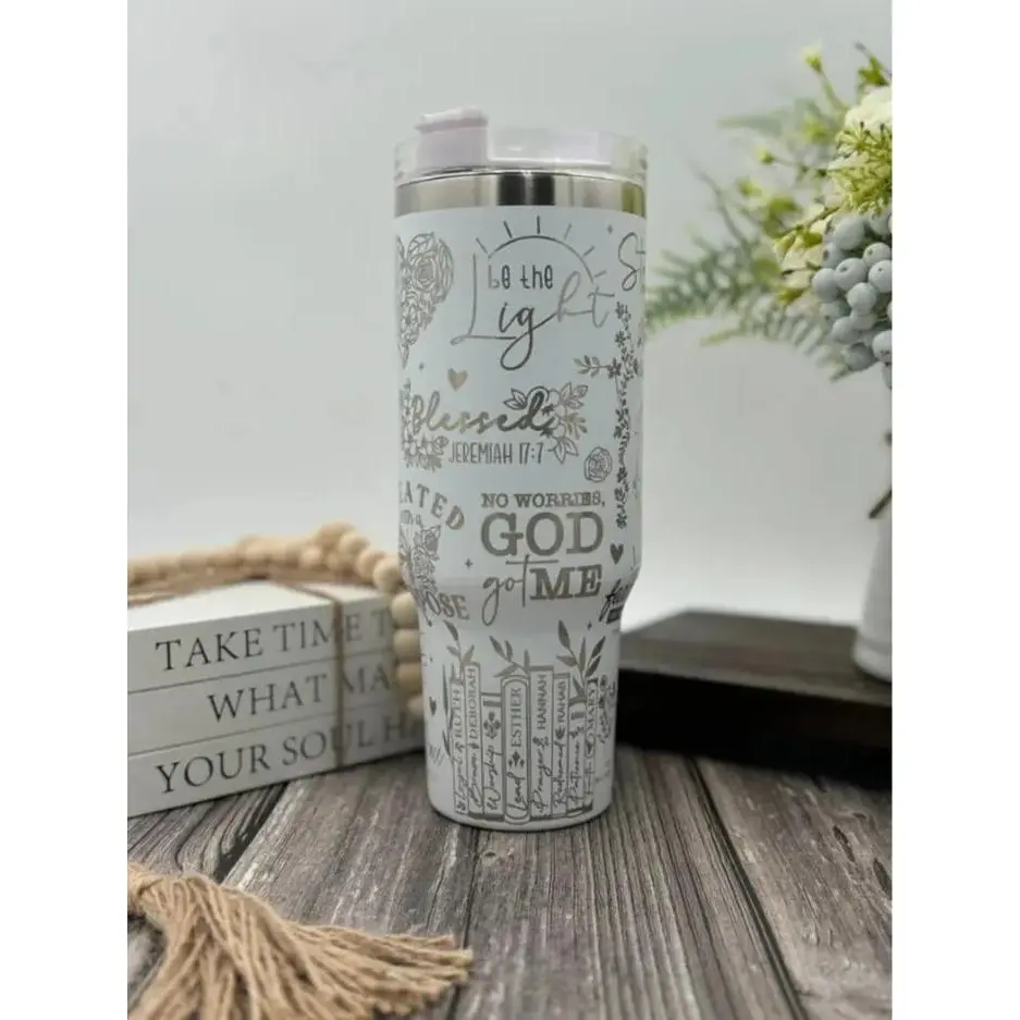 Bible Verses Engraved Tumbler |   Cup Holder Friendly Travel Mug |   Vacuum Insulated Large Water Bottle |   Religious Gift for Her |   Bible Books Drinkware Plastic