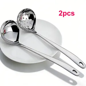 2pcs Stainless Steel Hot Pot Spoon Set, Long Handle Soup Ladle, Polished Bright Surface, Home Kitchen Cooking Utensils