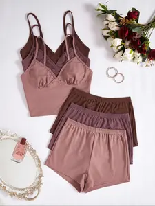 Women's Solid Color Crop Cami Top & Elastic Waist Shorts Pyjama Set, Casual Comfy Spaghetti Strap Camisole & Shorts Pj Set, Ladies Summer Sleepwear, Tight Pj Pants with Crop Top Girl In Pajama Pants