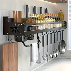 1 Piece Black Stainless Steel Wall-Mounted Kitchen Storage Rack, with Hooks - Space-Saving Storage Rack for Knives, Cutting Boards, Utensils, and Spatulas, Durable Powder Coated Surface, Perfect for Countertop or Cabinet Organization, Kitchen Storage and