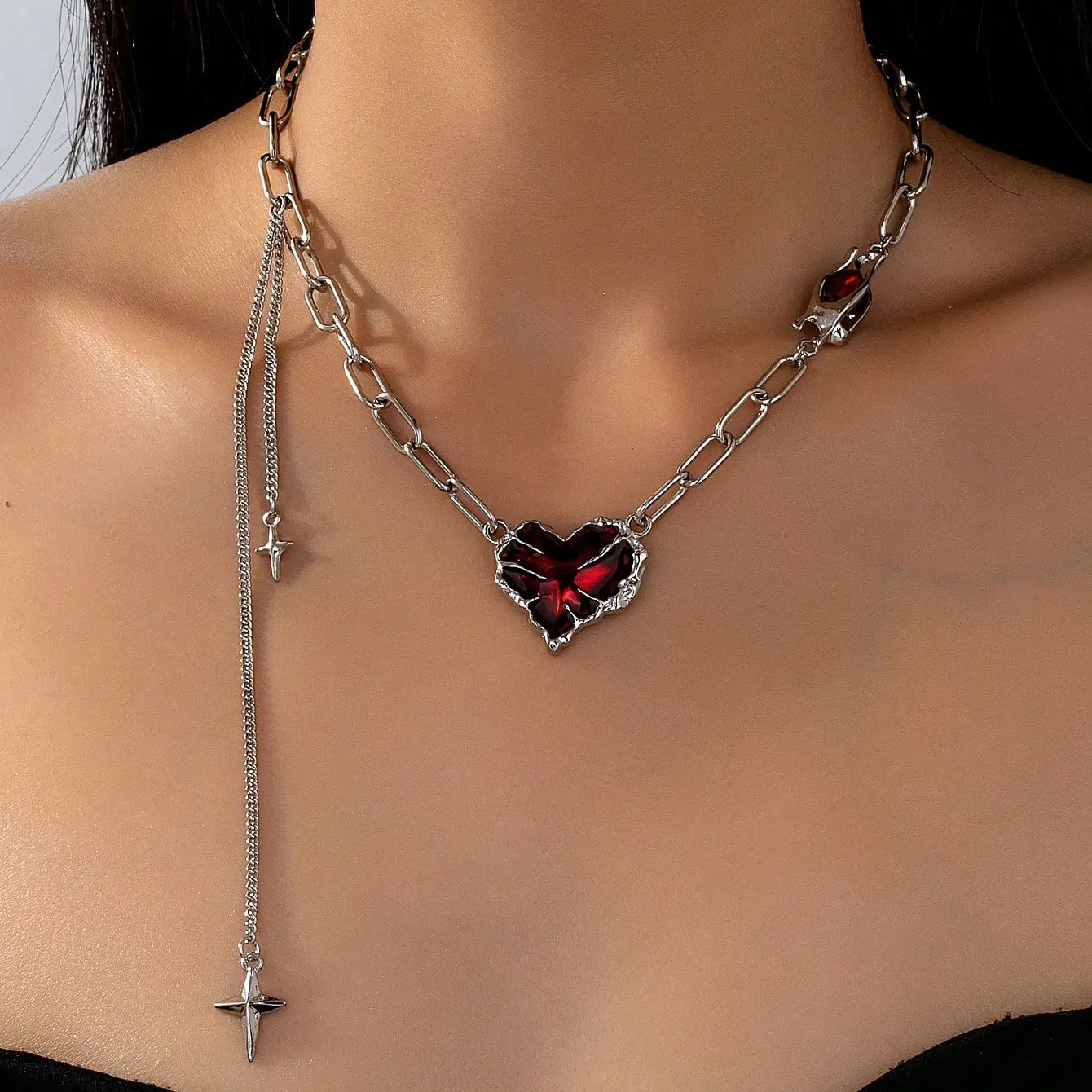 Female Forever Love Heart Shape Pendant 3pcs Women Necklace Beads Charm Beaded Link Chain Necklace Jewelry Red Stone Accents