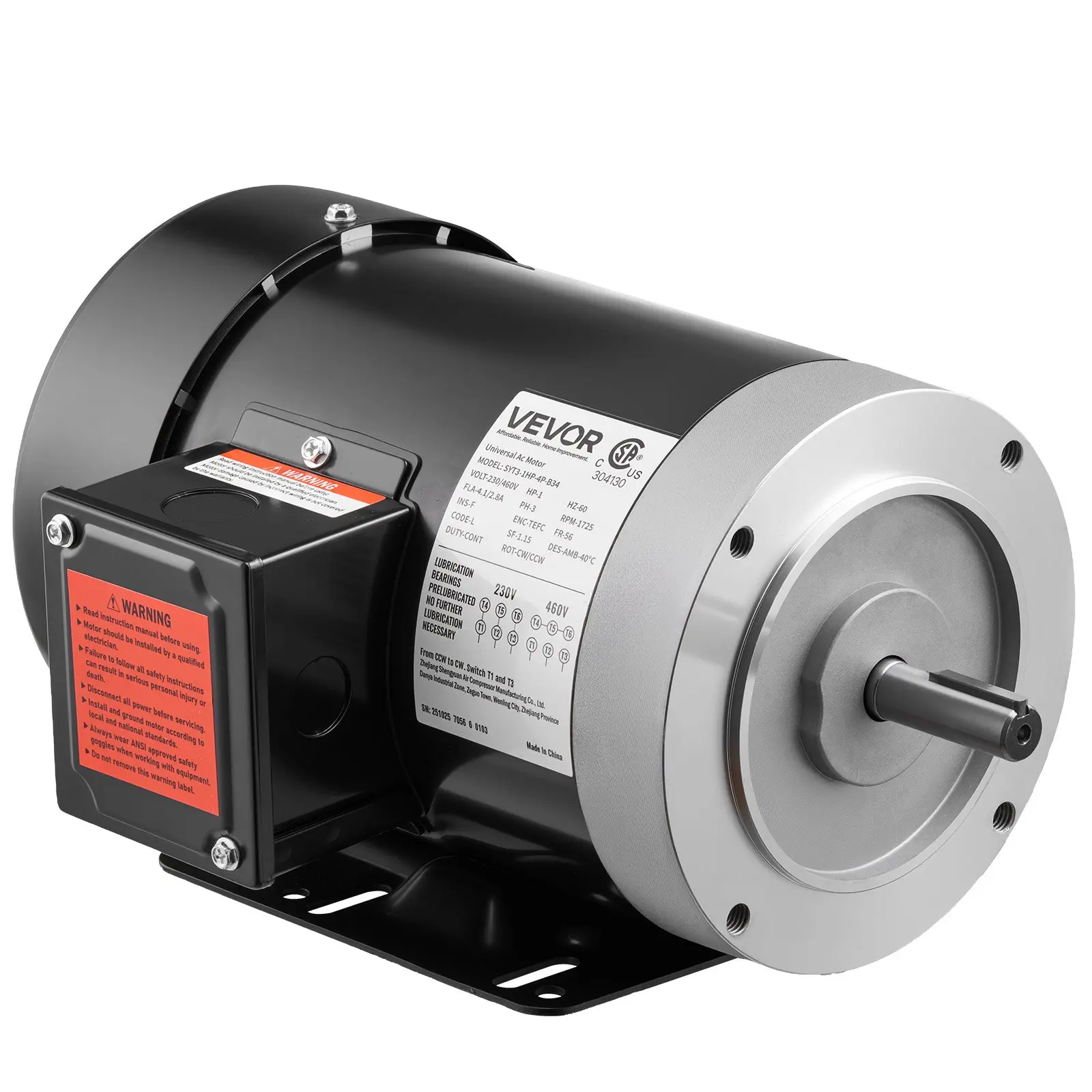 【DealsForYouDays】VEVOR 1 HP Electric Motor, 1725RPM Air Compressor Motor, CW/CCW Rotation, 5/8 inch Shaft Diameter, 1.88inch Shaft Length, 4.1N. m Torque, Three-Phase, TEFC Cooling, 230V/460V, 56C Frame