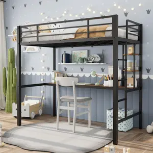 Loft Bed Twin Size with Large Desk and 2-Tier Storage Shelves, Heavy Duty Metal Loft Bed with Ladder and Guardrail,Steel Slats Support, Black