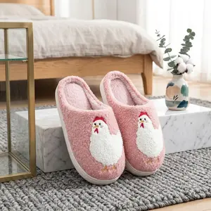 Soft Plush Hen Slippers for Women, Cute Chicken Embroidered Cozy House Slippers, Warm Fuzzy Winter Indoor Outdoor Shoes for Fall Winter