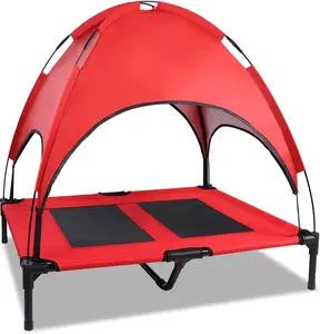 SMONTER Elevated Dog Bed with Canopy - Portable Raised Dog Bed Cooling Dog Place Board Mesh Pet Cot for Large Dogs Oxford Fabric Removable Canopy Shade for Camping Beach Indoor Outdoor