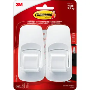 Command 7.5 lb Jumbo Utility Hook, 2 Hooks and 4 Strips, Damage Free Hanging Wall Hooks with Adhesive Strips, No Tools Adhesive Hooks for Hanging, Organization and Storage