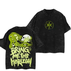 Bring Me The Horizon "Deadly Beauty" Oversized T-Shirt, Washed Retro Rock Band Tee, Double-Printed Lightweight Cotton Crewneck, Casual Streetwear Top, Men’s Graphic Concert Shirt, Soft Comfortable Cotton, Trendy Band Fan Outfit