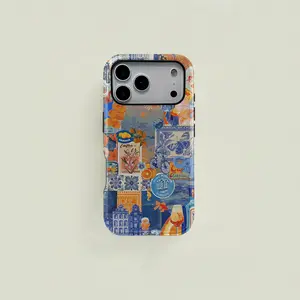 Italian summer ocean orange patchwork pattern protective case, sturdy and durable 2-in-1 case, compatible with iPhone 17/16/15/14/13/12/11 Pro Max/Plus/Pro, Samsung Galaxy S25/S24/S23 Ultra series, simple and stylish phone case.