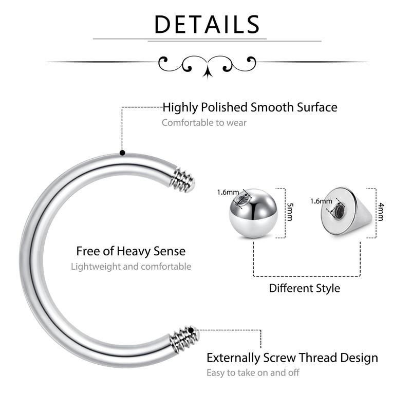 16G Horseshoe Rings Surgical Steel Nose Septum Hoop Earring Eyebrow Tragus Lip Daith Helix Piercing Jewelry for Women Men 6-12mm Unisex Smily Piercing with Balls & Spikes Gift value pack 34mm  septum piercing Titanium Holder nose  rings 5-18 pc nose ring