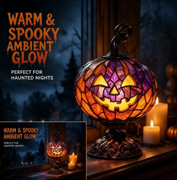 Halloween Christmas Stained Glass Pumpkin Table Lamp, Vintage Tiffany Style Jack O Lantern Pumpkin Night Light, Retro Decorative Desk Lamp for Holiday Party Home Bedroom Dining Table Ornament Gift