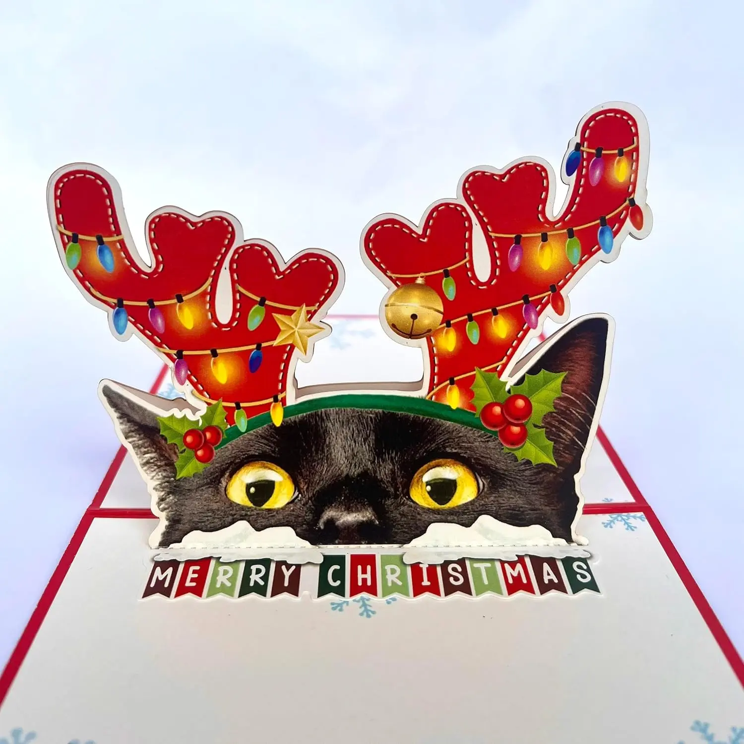3D Peekaboo Black Cat Christmas Card with Reindeer Horns - Funny Theme, Folded Size, Holiday Cheer Greeting Card for Cat Lovers (Office Stationery, Computers & Office Equipment Supplies)