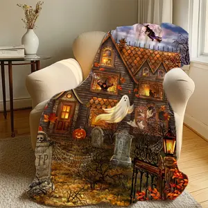 Haunted Mansion Halloween Throw Blanket Ghost Pumpkin Witch Soft Blanket for Bed Extra Large Machine Washable All Season Flannel Anti Seasonal Blanket Comfort for Home Office Travel & Camping Gifts for Women Girls Friend
