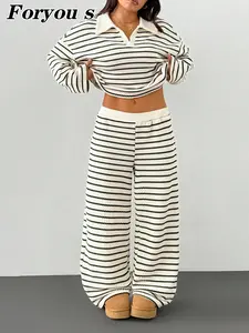 Women's Plus Size Long Sleeve Striped Set, Casual Fashion, Comfortable and Stylish, Perfect for Daily Wear