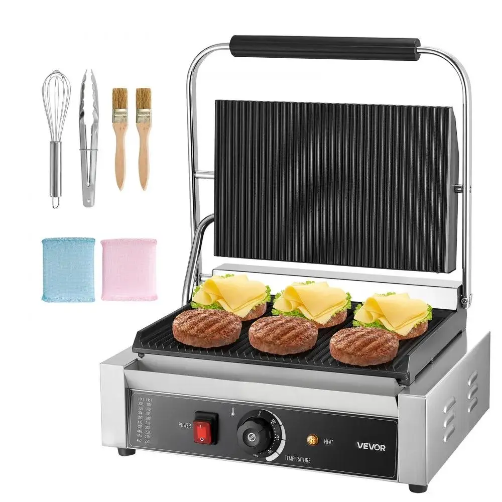 【Summerfinds】VEVOR Commercial Panini Grill,  , 1800W Electric Sandwich Panini Maker, Stainless Steel Sandwichs Press with Handle and Temp Control, 13.5x9.3 in Full Grooved Enamel Plate, for Hamburger Steak Bacon