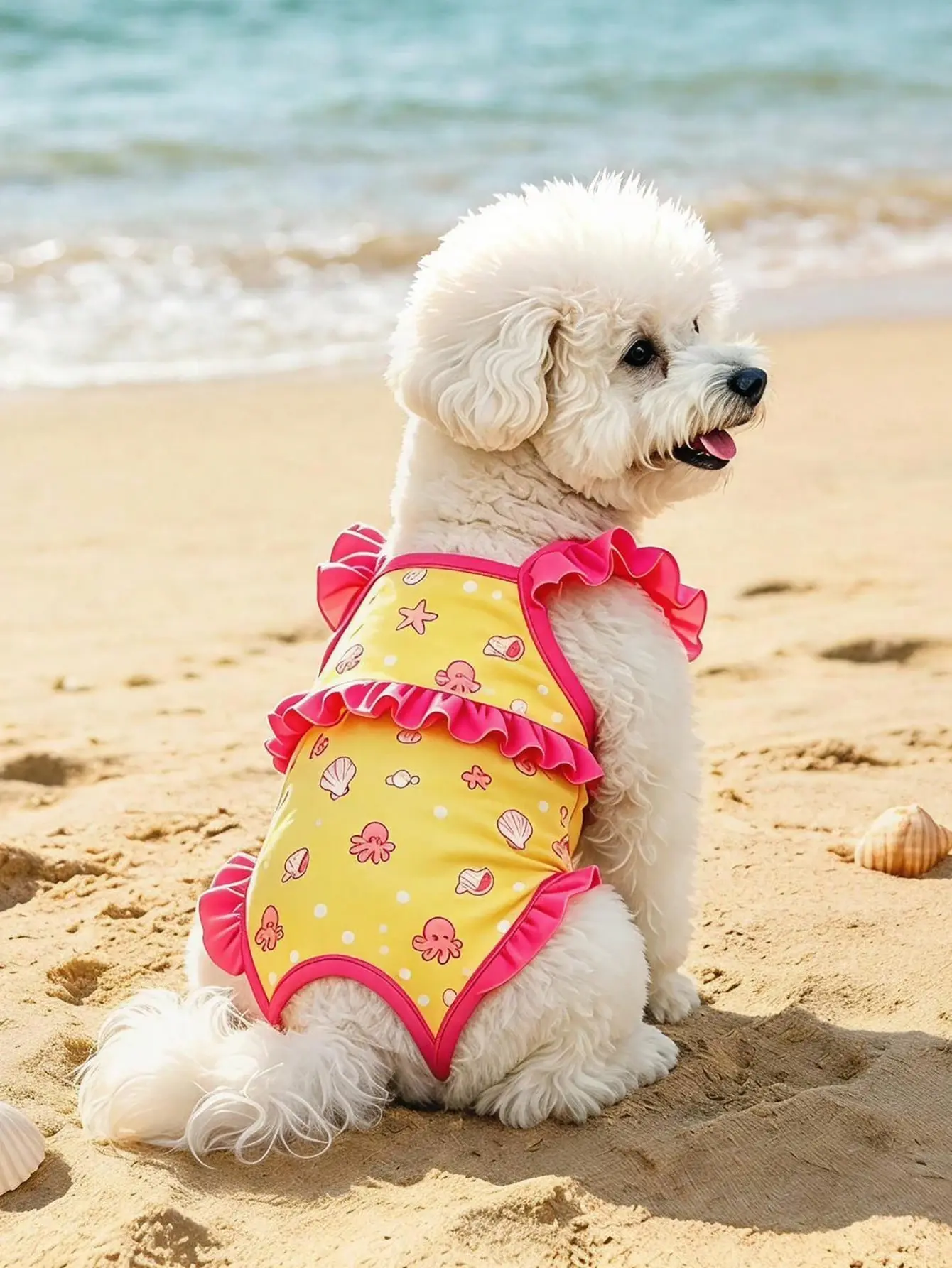 AESS x PETSIN Ruffled One-Piece Pet Bathing Suit Cute Sea Fish Print Quick Dry Puppy Swimwear Small Dogs Cats Summer Beach Pool Outfit