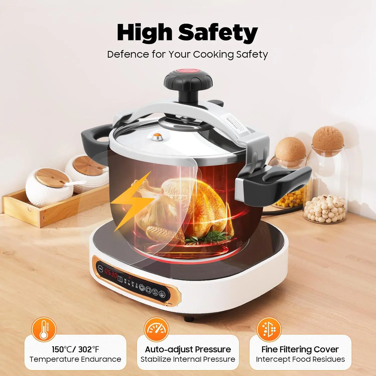 1* 201 Stainless Steel Round Pressure Cooker (7L/7.4 Qt, 24*28cm) - Silver Tabletop Cookware with 60Kpa 150℃ Auto-Thermal Pressure, Enhanced Safety, Anti-Clog Mesh for Home Fast Cooking, Bonus Sponge