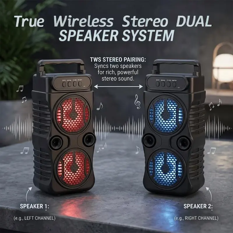 Portable Wireless Speaker With RGB LED Lights TWS Stereo Bass Subwoofer Support USB TF Card FM Radio Outdoor Camping Party Audio Player