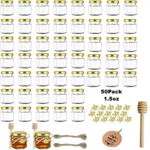 50 Pack Mini Glass Honey Jars with Gold Lids, 1.5oz Hexagon Favor Jars for Wedding & Baby Shower