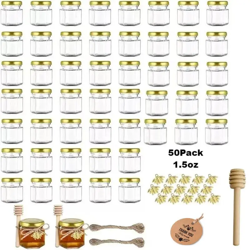 50-Pack Mini Decorative Glass Honey Jars with Gold Lids, 1.5oz Hexagon Gift Set Storage Bottles for Wedding, Bath & Baby Shower Supplies
