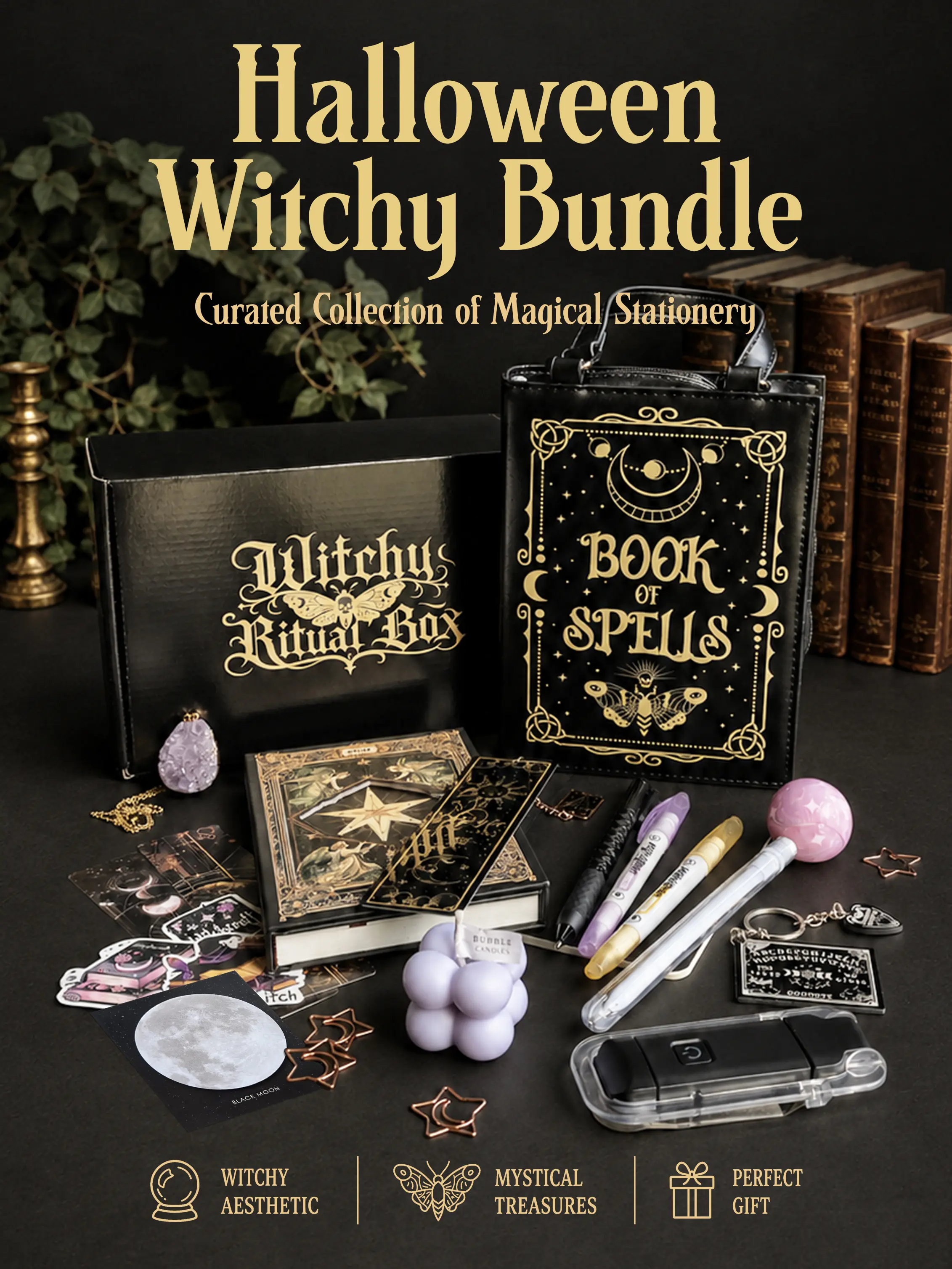 Halloween Witchy Bundle, Samhain Bookish Mystery Gift Box, Magical Stationery Set with Spellbook Bag, Candle, Amethyst Crystal, Metal Bookmarks, Pens, Dark Academia Reading Accessories, Cozy Gift for Book Lovers & Witches