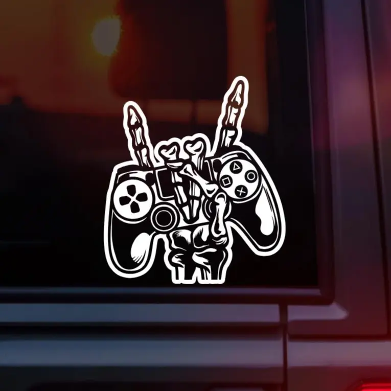Skeleton Gamer Hand Vinyl Car Decal – Skeleton Holding Video Game Controller Sticker – Gothic Gaming Car Window Decal – Funny Gamer Gift – Alt Goth Video Game Vinyl Decal