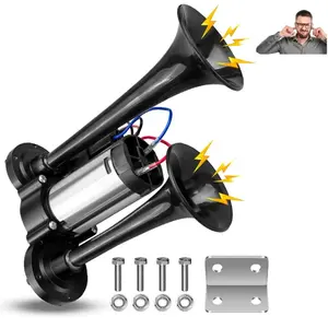 12V 120DB Air Horn Dual Trumpets, Super Loud 12V Dual Speaker Air Horn Kit, Electric Train Horn, with Air Compressor for Vehicles Trucks Pickup Trains Lorrys SUVs Cars Boats (12V SilverBlack)